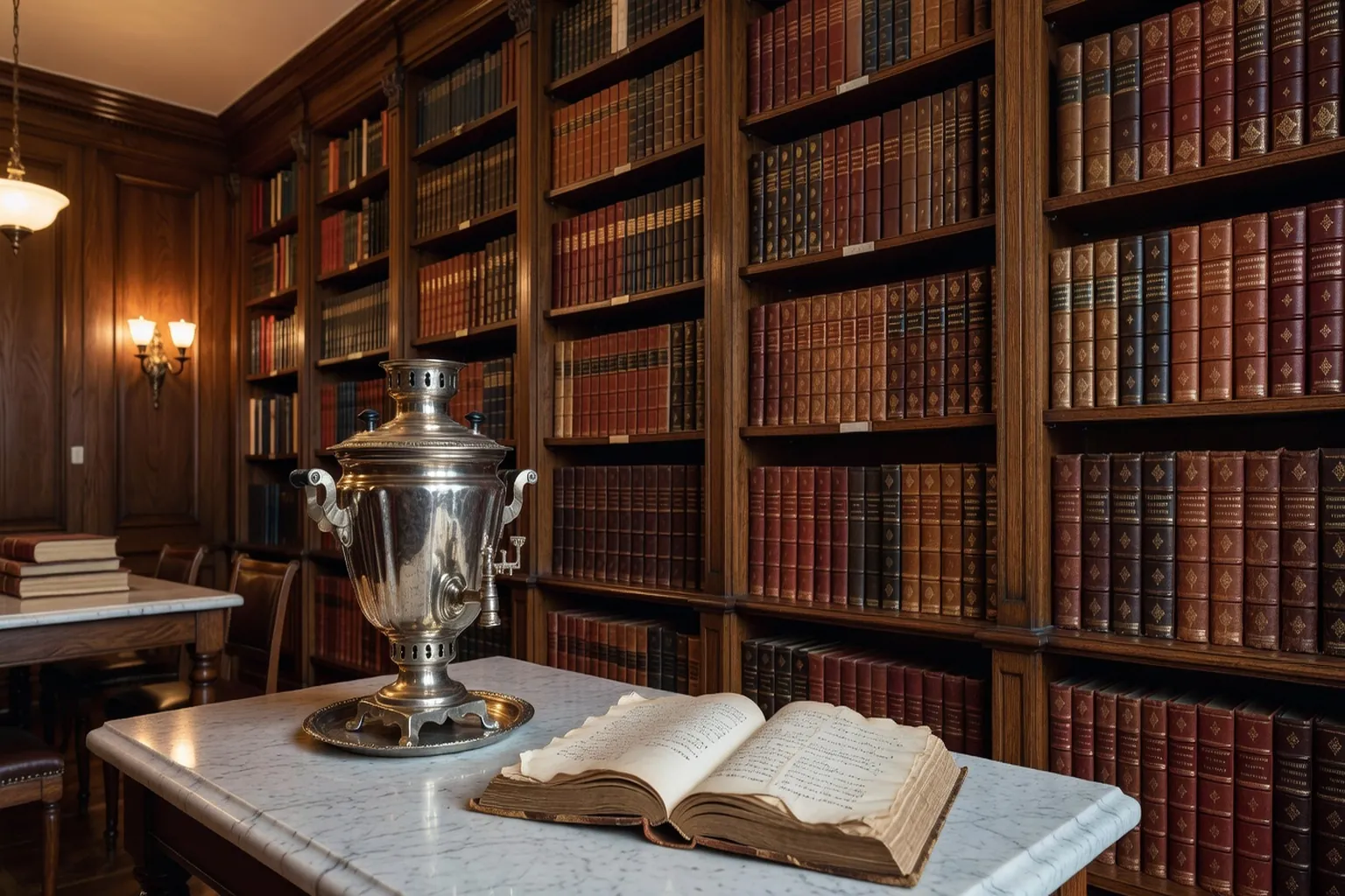 Bibliotheque russe avec samovar et livres ouverts