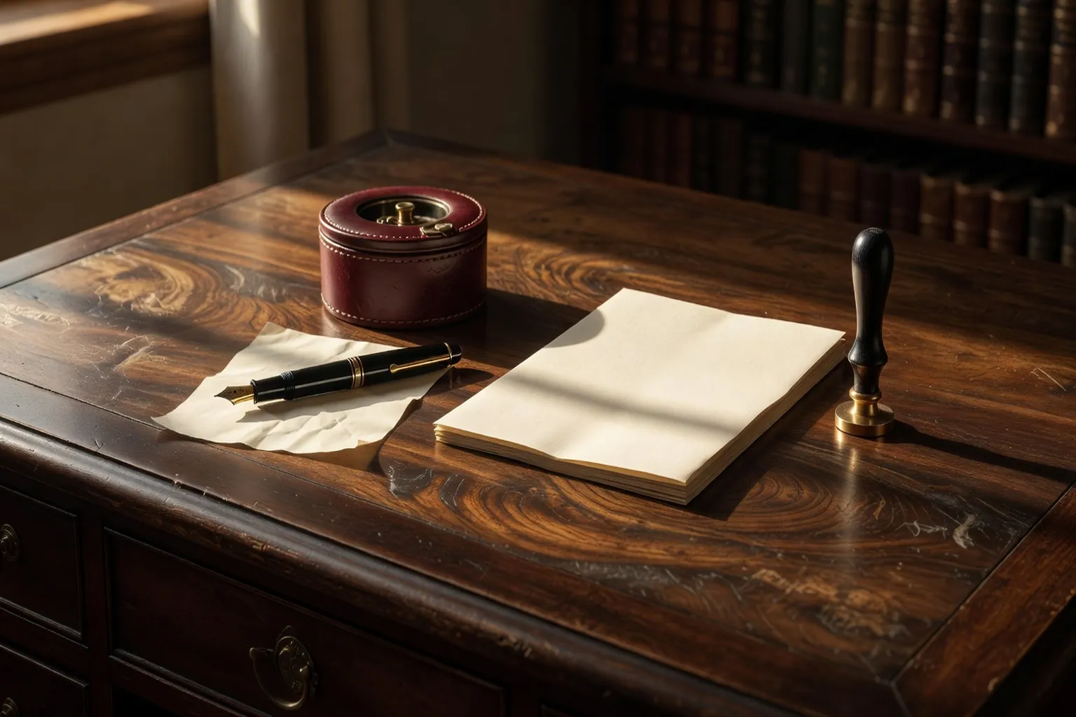 Bureau de redaction avec stylo plume, encrier bordeaux et papier a lettres