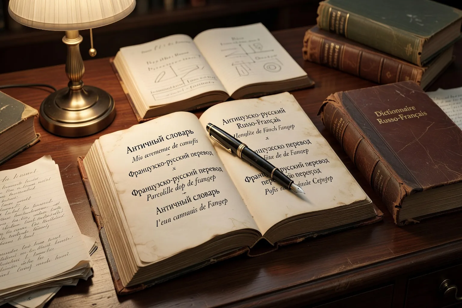 Pages d'un dictionnaire russe-francais avec lettres cyrilliques, stylo plume