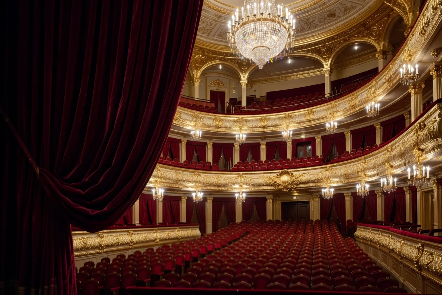 Interieur du theatre Bolchoi, rideau bordeaux et dorures