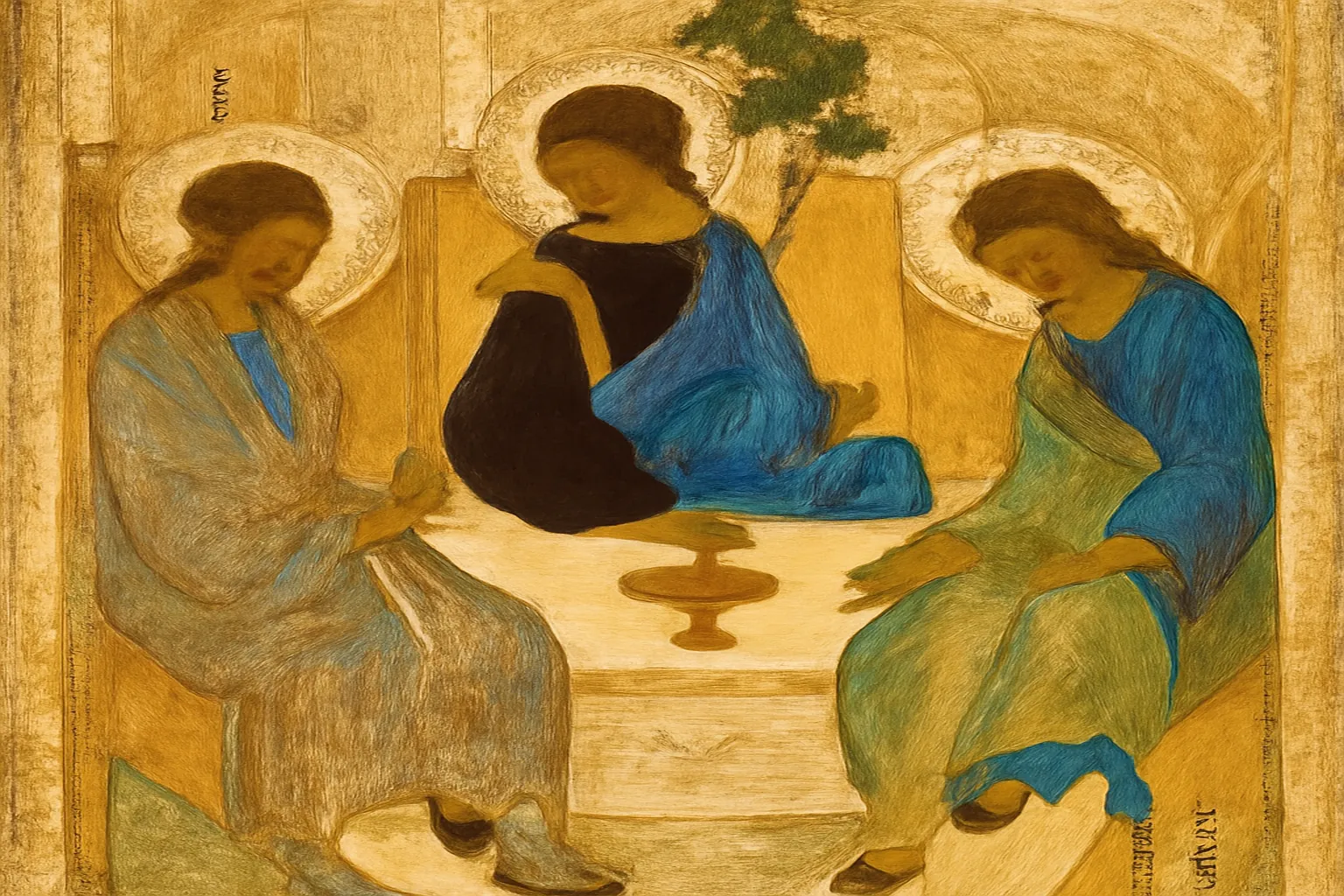 Icone russe ancienne de la Sainte Trinite d'Andrei Roublev, trois anges assis autour d'une table avec calice
