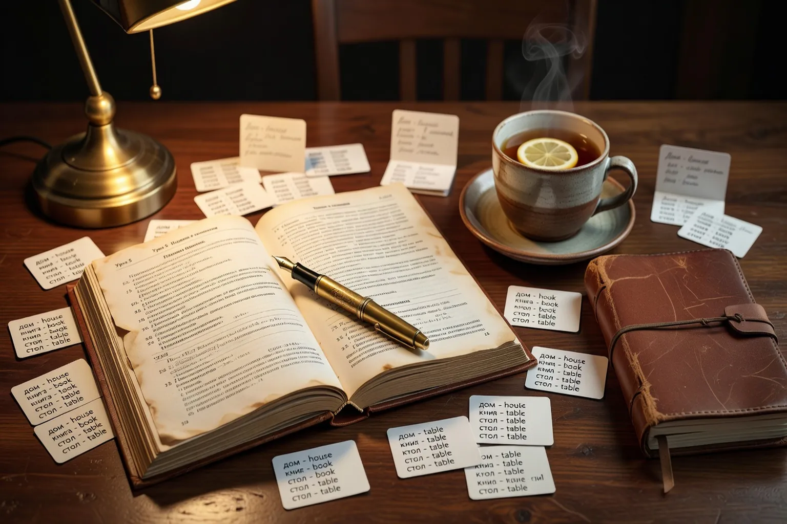 Manuel de russe ouvert sur table de travail avec tasse de the et dictionnaire bilingue franco-russe