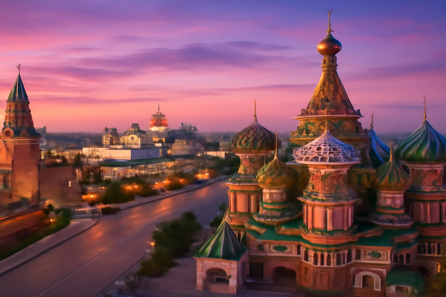 Vue panoramique du Kremlin de Moscou avec la basilique Saint-Basile en premier plan, ciel de crepuscule