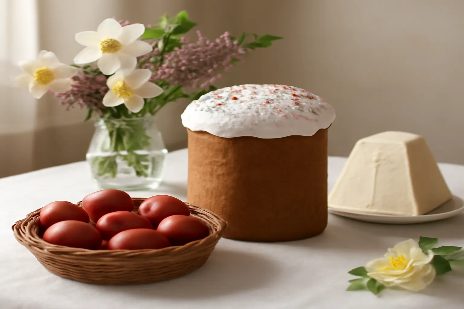 Table de Paques orthodoxe russe avec koulitch haut, paskha pyramidal, oeufs peints en rouge et fleurs de printemps