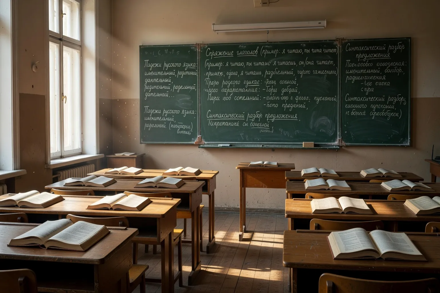 Salle de classe dans un batiment universitaire moscovite, tableau noir avec lettres cyrilliques manuscrites et manuels de russe