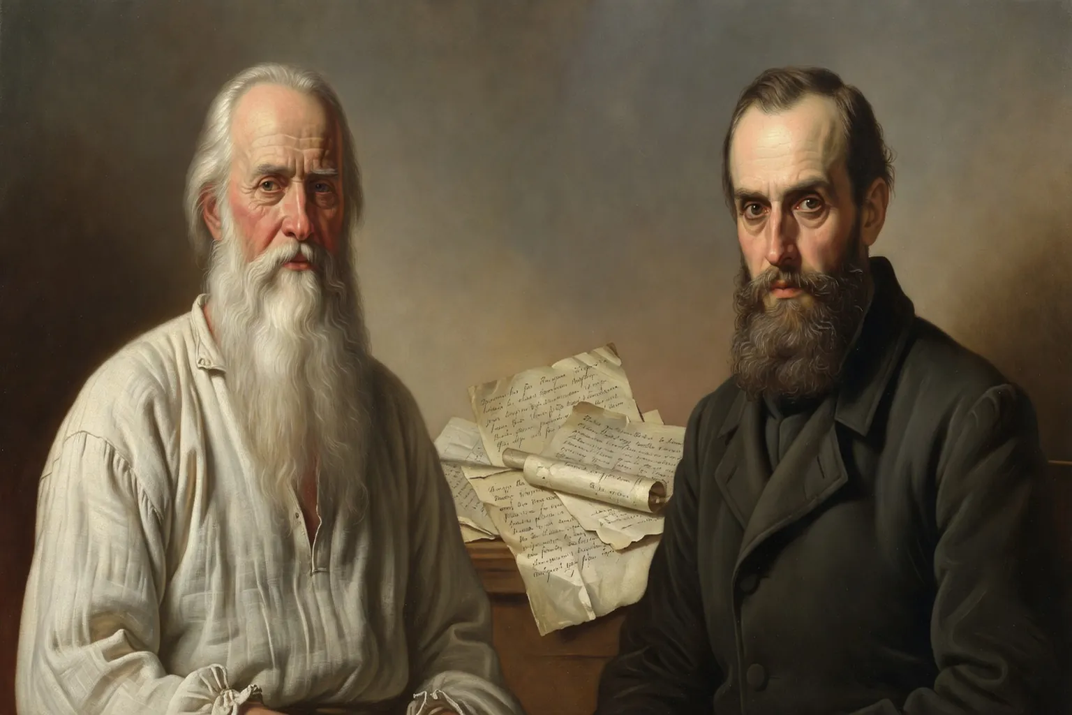 Portraits jumeles de Tolstoi et Dostoievski, encre sur papier, chacun vu de profil