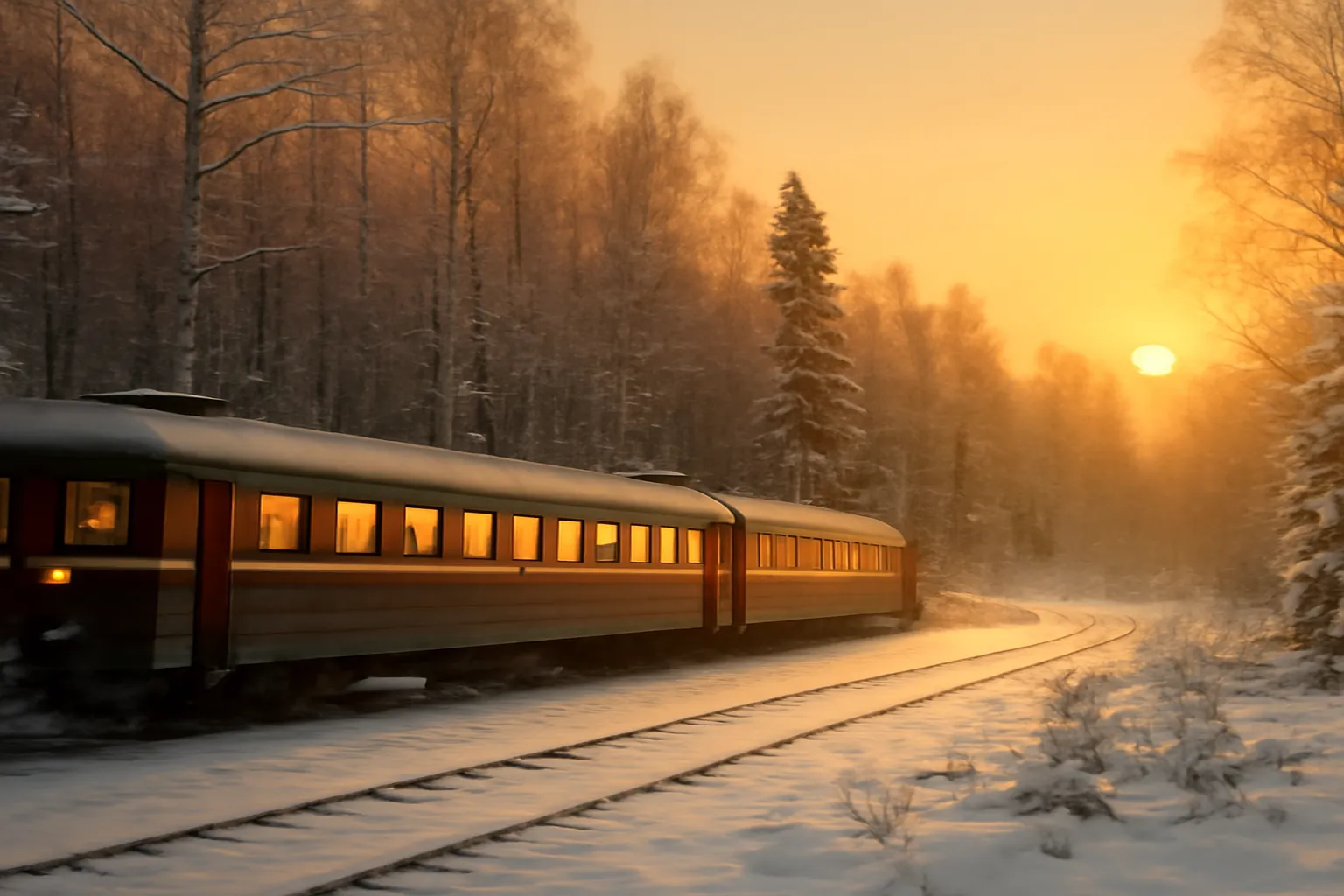 Wagon de train russe traversant la taiga en hiver, neige et bouleaux, lumiere dorée de fin d'apres-midi